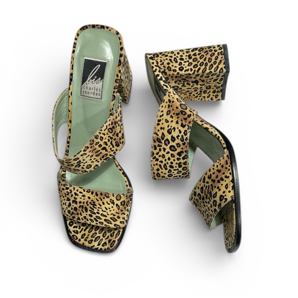 Charles Jourdan Y2K bis Leopard Print Double Strap Mob Wife Slides Sandals 8